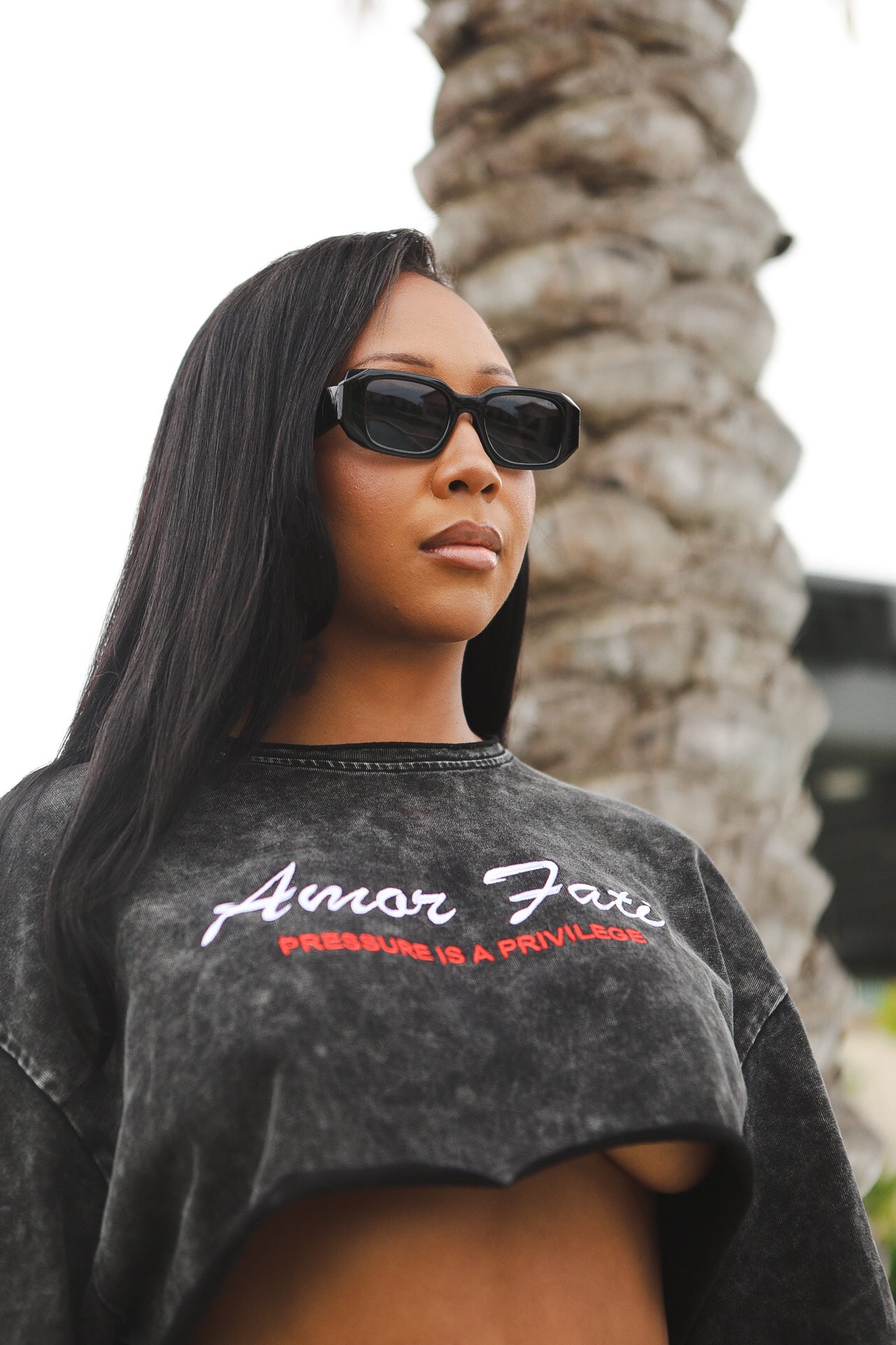 ‘AMOR FATI’ Unisex Box Cropped Tee Mottled Black Colorway